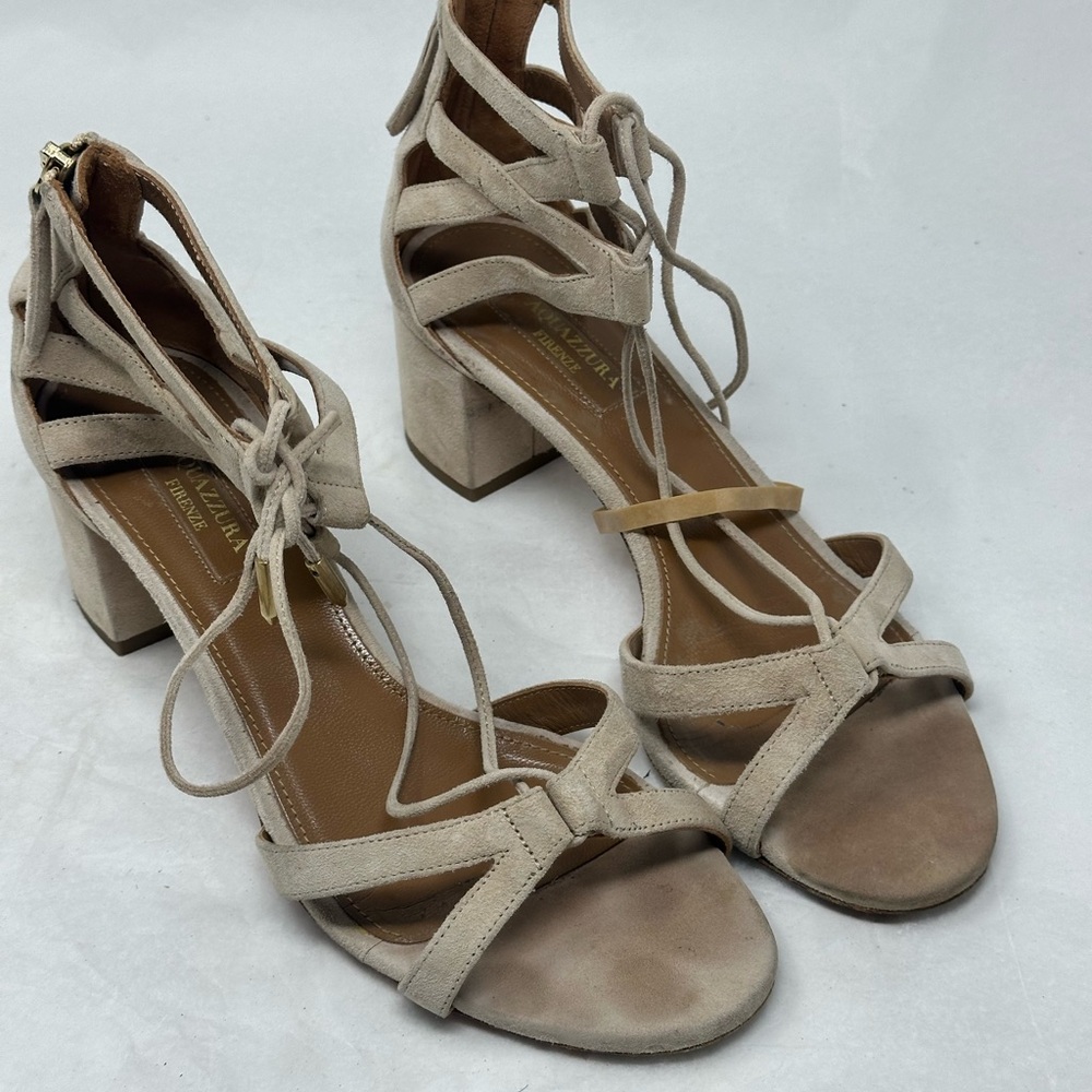 Aquazzura Beige Lace-Up Block Heels Size 37.5